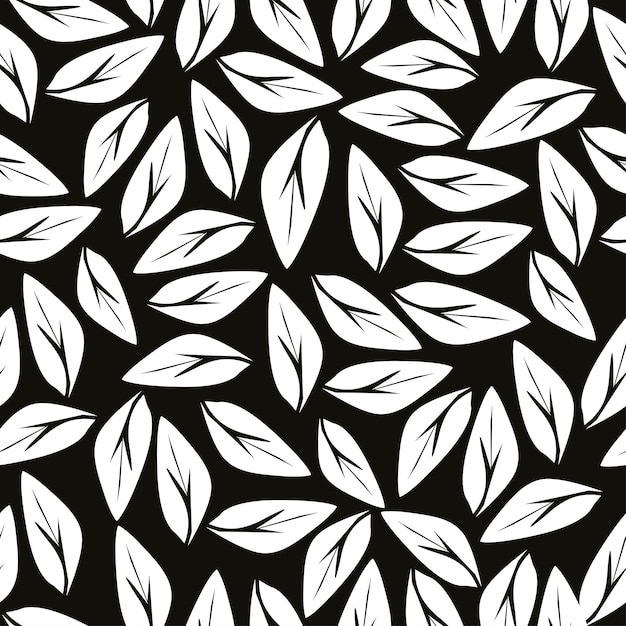 a black and white pattern with leaves and white flowers