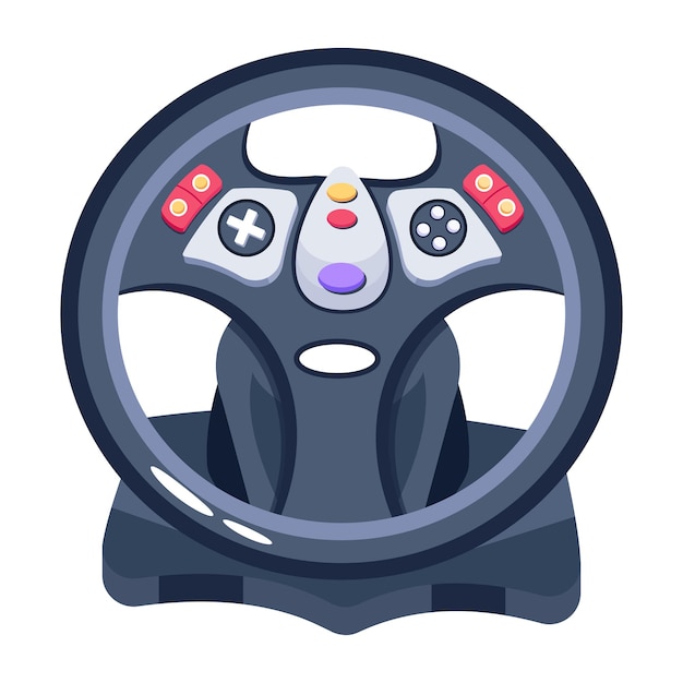 A black steering wheel with a colorful button on it.