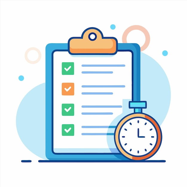 a blue and green clipboard with a clock and a clock on it