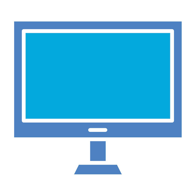 a blue and white monitor with a blue background