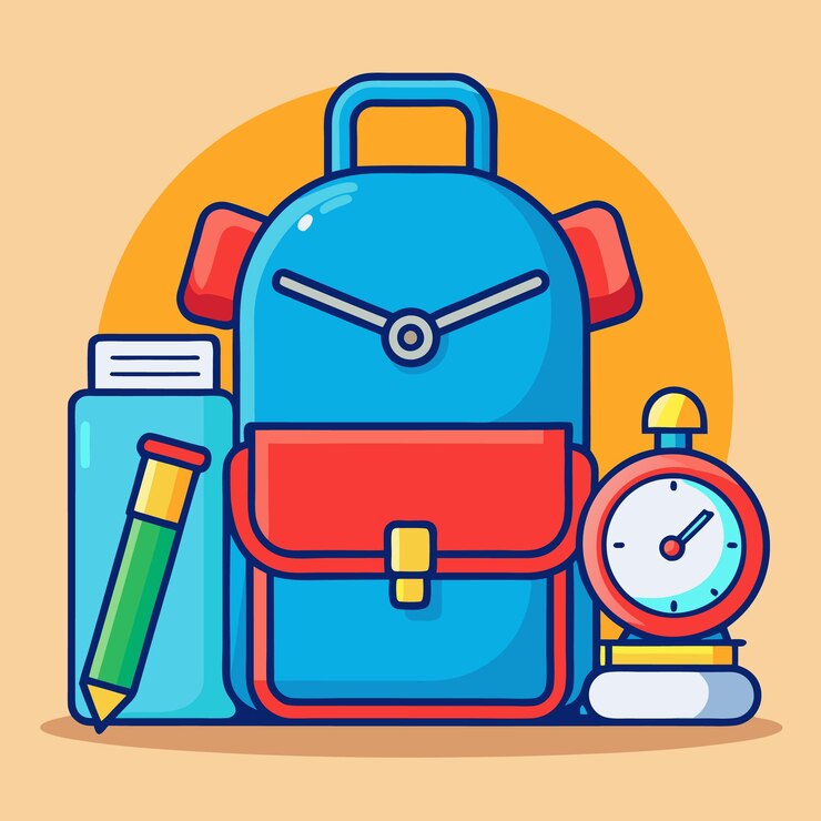 Vektori a blue backpack with a clock on it and other items on the top