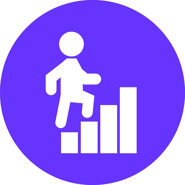 a blue circle with a man standing on it and a blue circle with a graph on it