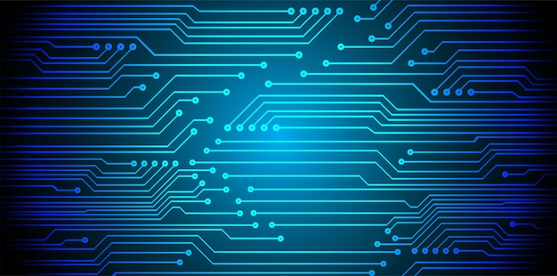 A blue circuit board with white lines that say circuit on it.