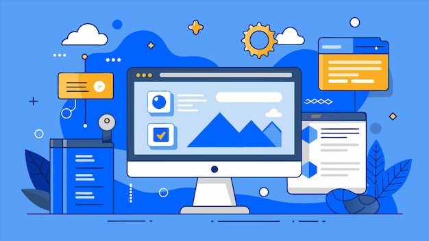 a blue computer screen with a blue background with a blue background with a blue and yellow sign that says  business