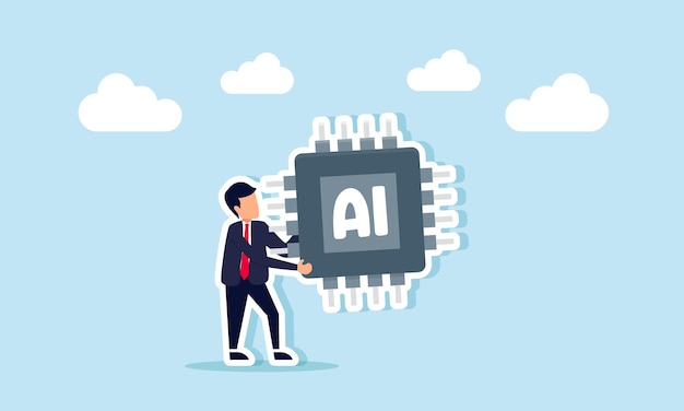 A businessman carries an AI processor chip illustration of AI technology usage in business operations