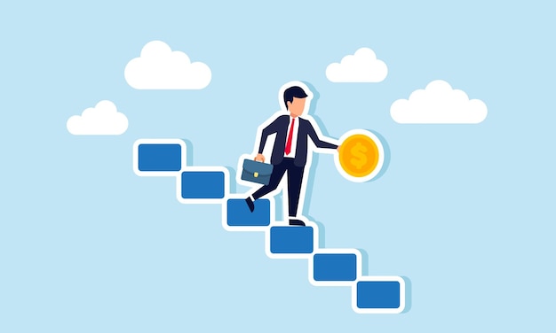 A businessman carrying dollar coins walking down stairs