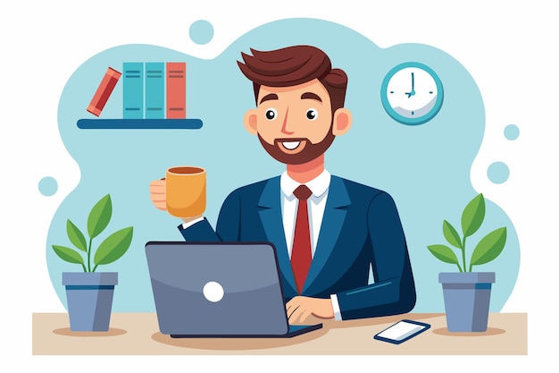 A businessman in a suit sitting at a desk holding a coffee cup Ai generated
