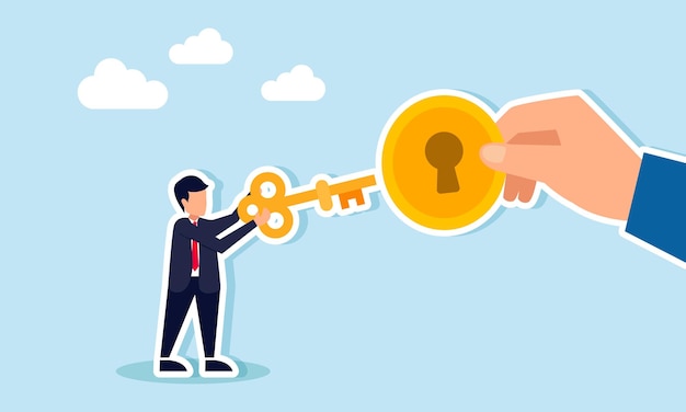 A businessman intends to insert a key into a hole on a dollar coin handed by another hand illustration of a solution to gain business profit