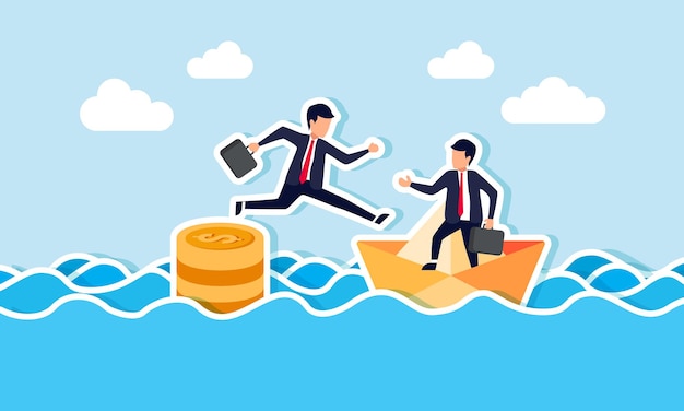 a businessman jumping from a top stack of coins onto a paper boat owned by a business partner