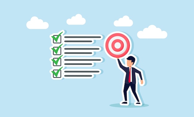 A businessman stands next to a checklist holding a target board illustration of completing a business target list