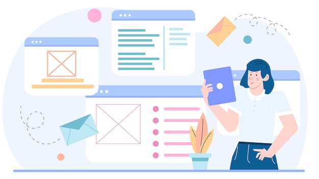 A businesswoman is creating newsletters and internal announcements