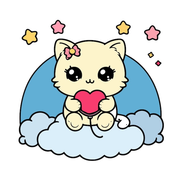 a cartoon cat sits on a cloud with a heart in the middle