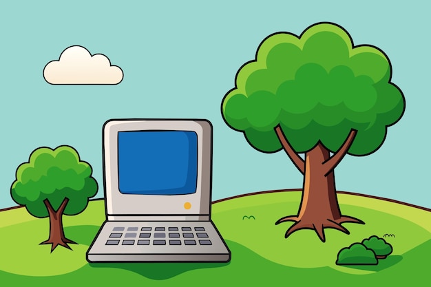 a cartoon drawing of a laptop with a tree on the screen