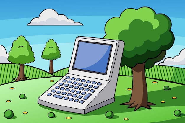a cartoon drawing of a laptop with a tree on the top