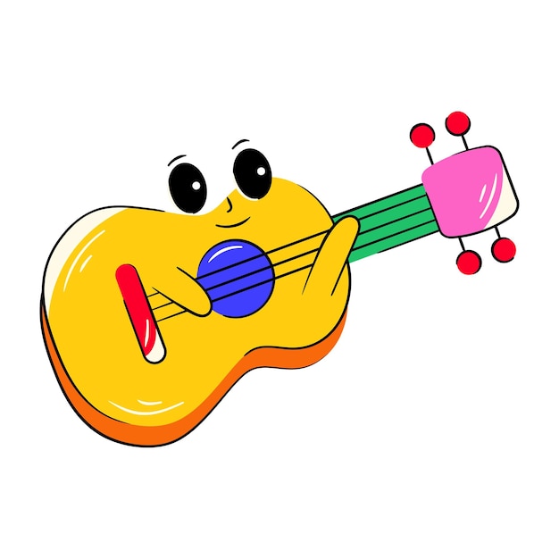 A cartoon drawing of a yellow guitar with a smiling face.