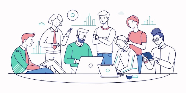 a cartoon drawing of people working in a meeting with one of them has a pen in his hand