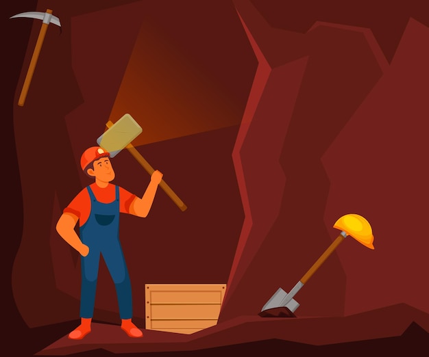a cartoon illustration of a man with a hammer in a cave