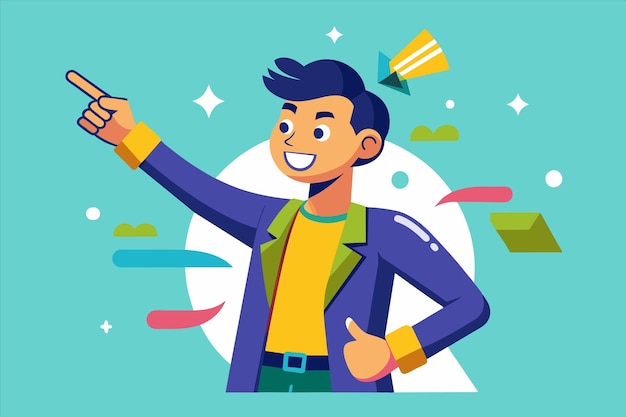 a cartoon of a man pointing at a paper with a picture of a man pointing at something