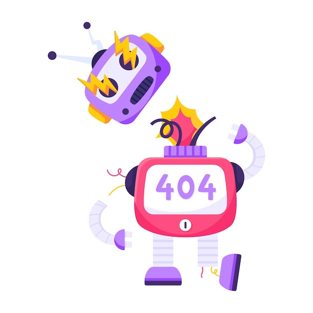 A cartoon robot with a broken toy with the number 404 on it