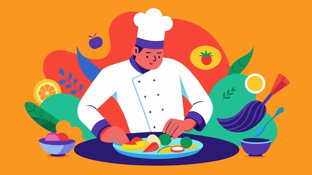a chef carefully arranges a plate using vibrant colors and textures to create a visually appealing