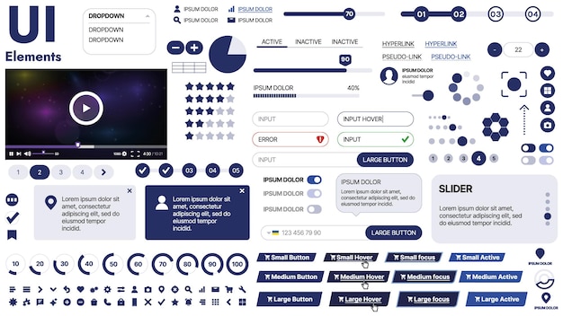 A clean and responsive template with UI elements menu icons and checkboxes ideal for a business or social media page Horizontal layout with simple shapes