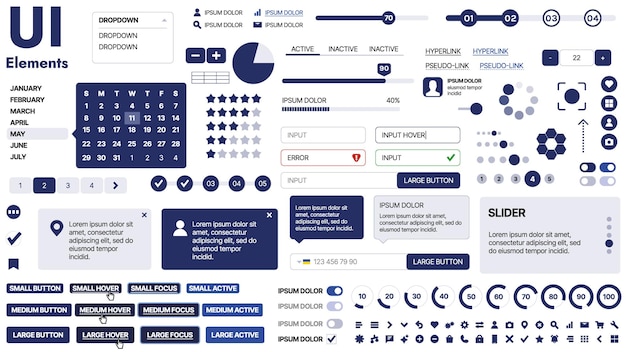 A clean and responsive template with UI elements menu icons and checkboxes ideal for a business or social media page Horizontal layout with simple shapes
