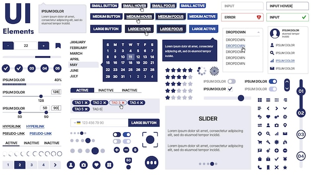A clean and responsive template with UI elements menu icons and checkboxes ideal for a business or social media page Horizontal layout with simple shapes