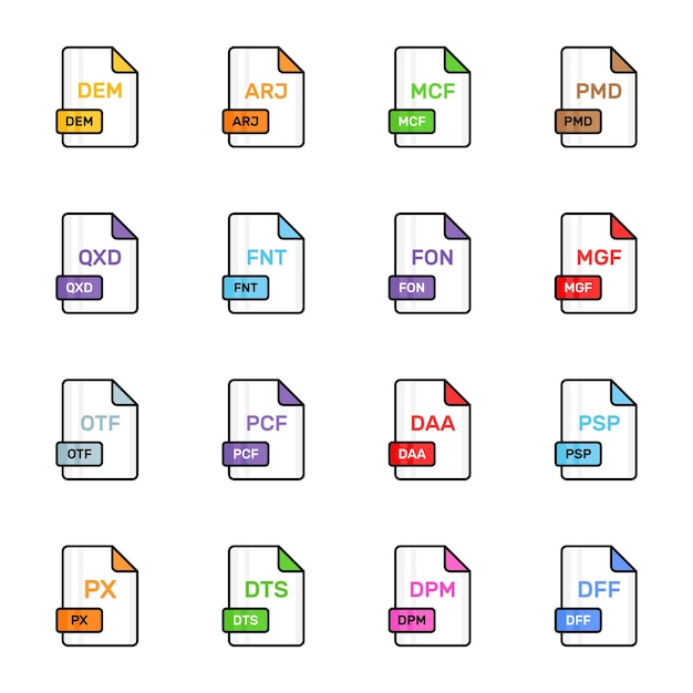 A collection of flat icons depicting various file formats