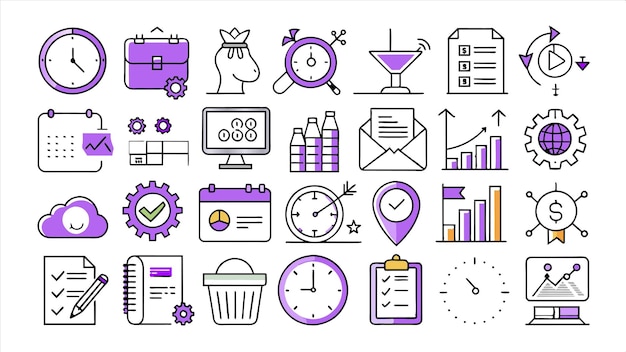 a collection of icons including a clock clock and clock