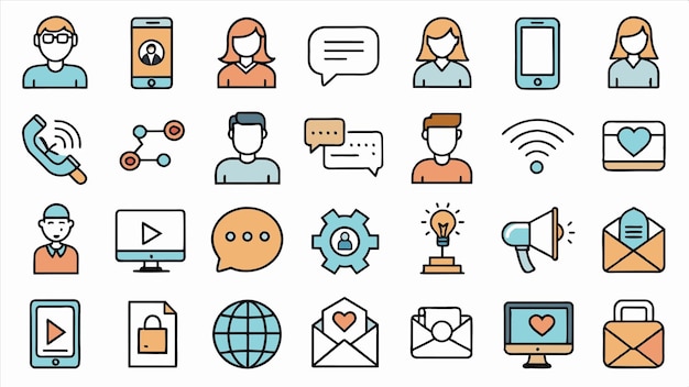 a collection of icons including a man and woman with a phone in the background