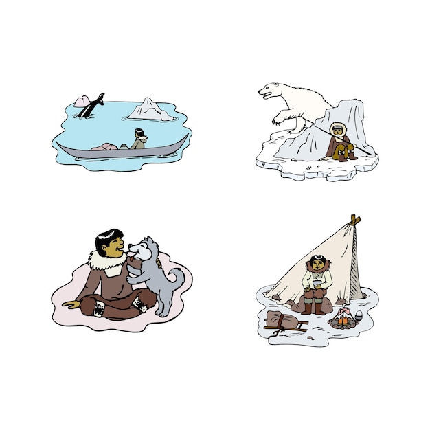 A collection of images including a boat and a shark Traditional Eskimo fishing