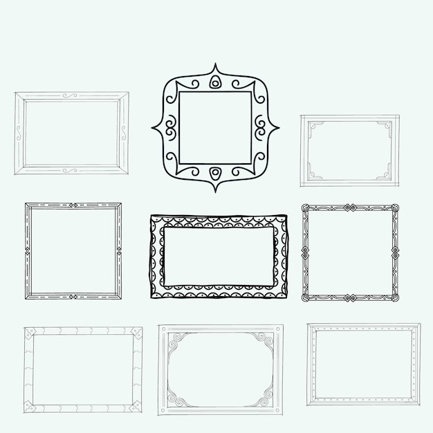 A collection of nine handdrawn decorative frames in various styles perfect for enhancing invitatio