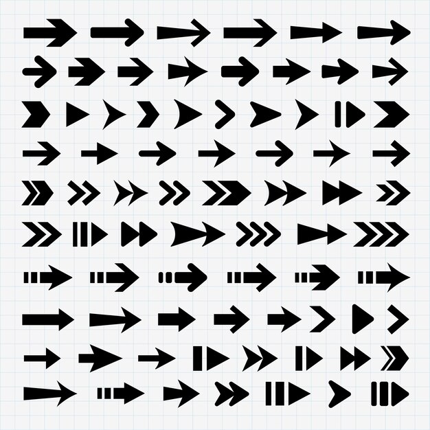 A collection of various black arrow icons on a grid background Different arrow styles and directions Arrows pointing in multiple directions and styles Element vector set