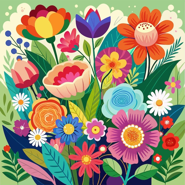 a colorful collection of flowers including a vase with the word spring on it
