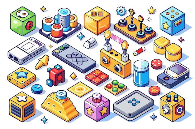 A colorful collection of isometric objects with various shapes and functions including blocks buttons devices and other gadgets