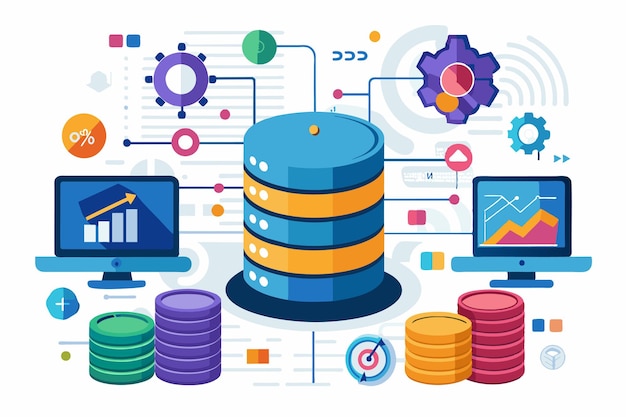A colorful graphic illustrates data analysis concepts with databases graphs and computer screens highlighting technology and information processing