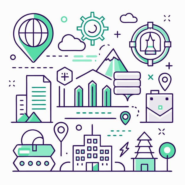 A colorful illustration depicting various business icons representing global strategy data analytics and location