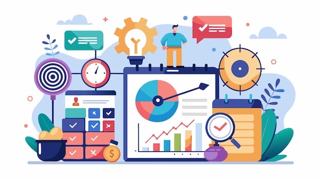 a colorful illustration of a computer with a diagram above it and a diagram above it that says  business