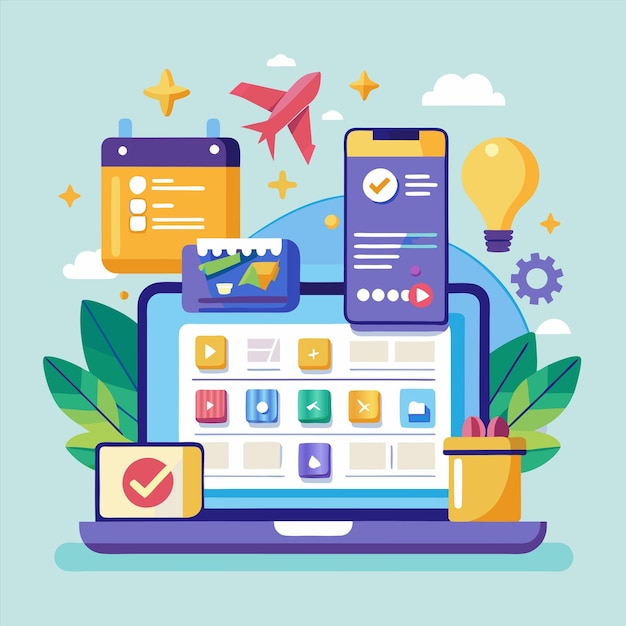 a colorful picture of a laptop with a plane on the screen