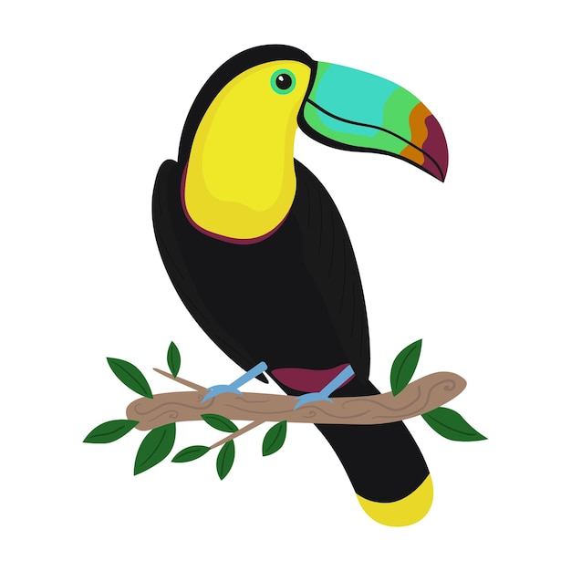 A colorful toucan sits on a branch with leaves on it.