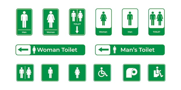 A comprehensive set of restroom and accessibility signage icons in green suitable for navigation
