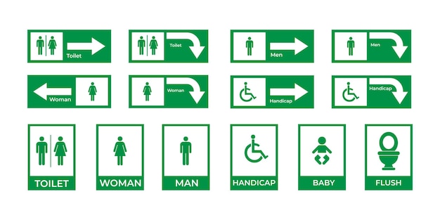 A comprehensive set of restroom and accessibility signage icons in green suitable for navigation