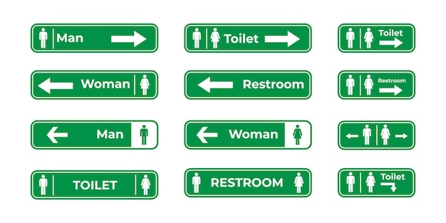 A comprehensive set of restroom and accessibility signage icons in green suitable for navigation