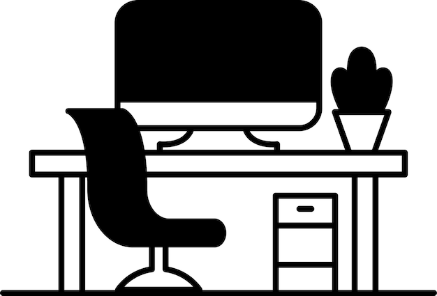 A computer desk with a chair and a computer monitor
