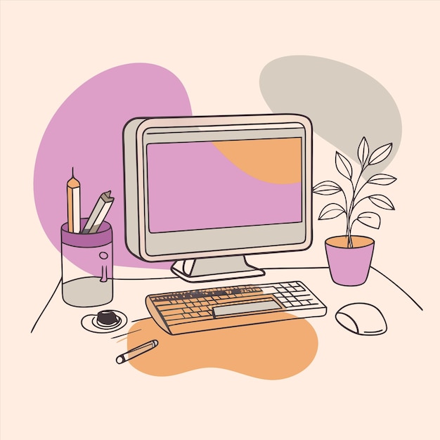 a computer monitor with a pink background and a purple background with a plant in the corner