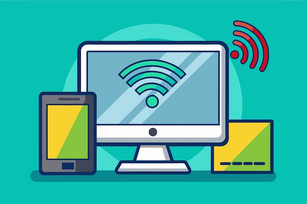 A computer phone and wifi symbol displayed on a blue background there is no network signal on the computer Simple and minimalist flat Vector Illustration