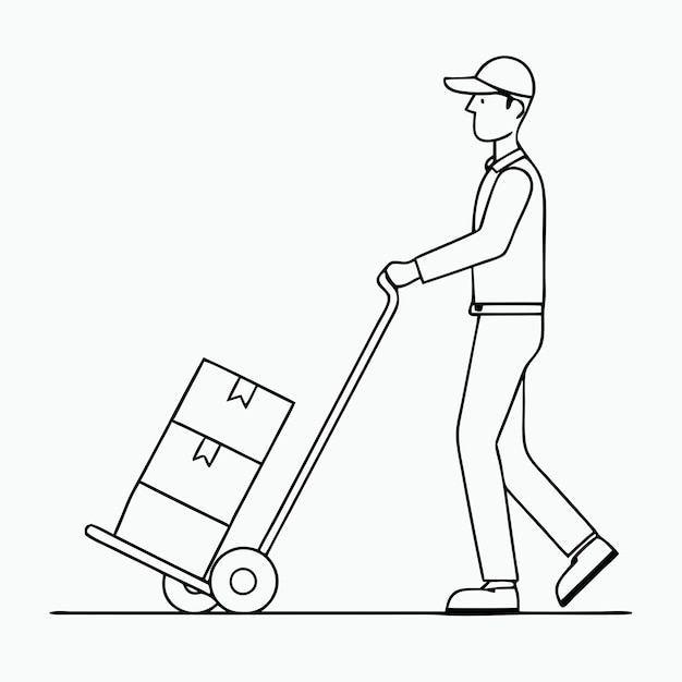 a continuous singleline drawing depicting a smart boy parcel carrier or delivery driver holding packages on a hand truck against an isolated white background 10