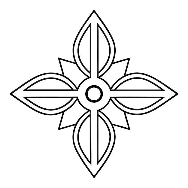 a crossshaped ornamental pattern featuring a tiny circle in the center and simple straight lines