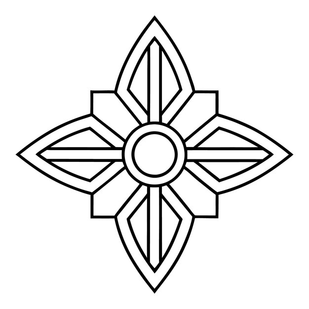 a crossshaped ornamental pattern featuring a tiny circle in the center and simple straight lines