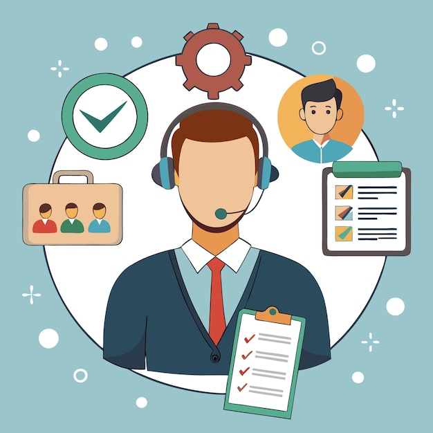 a customer service representative with a headset checklist and other icons representing team tasks and customer